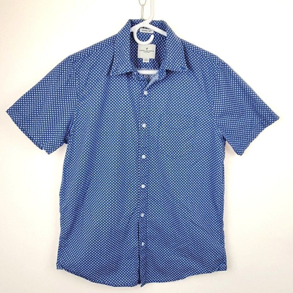 American Eagle Blue Seriously Soft Short Sleeve Button Up Shirt Mens sz M
